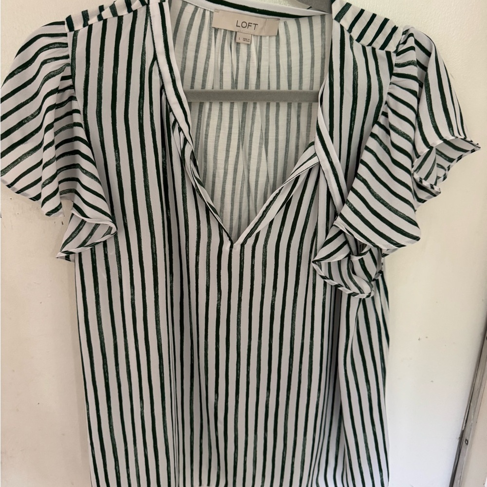 LOFT Green and White Striped Blouse